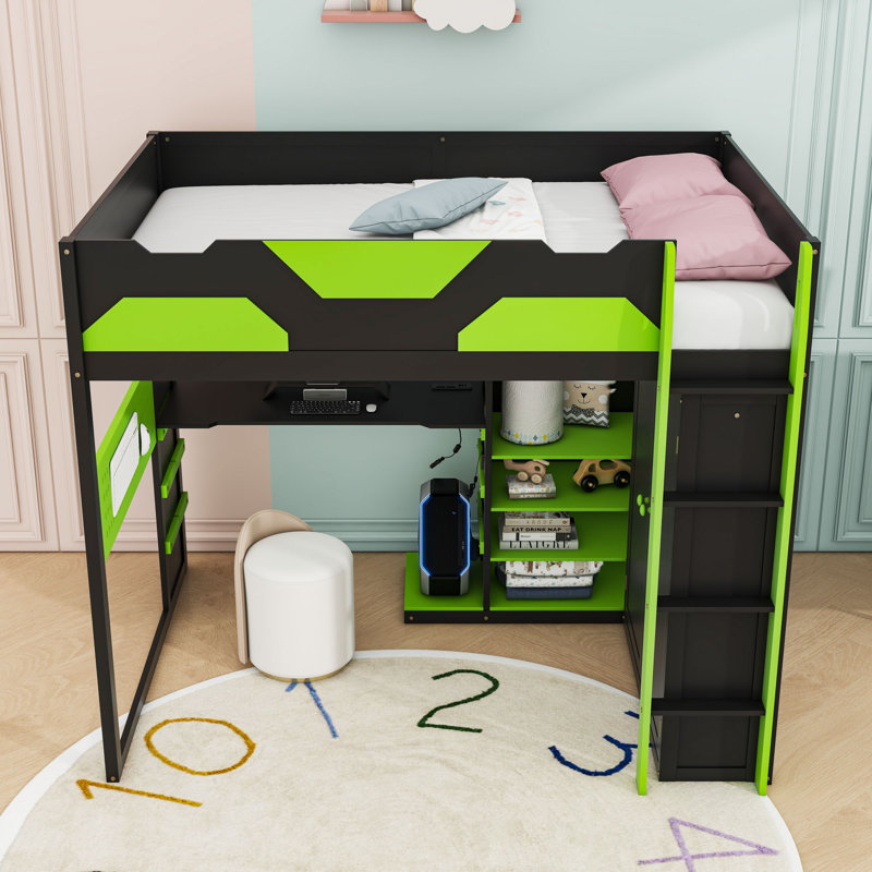 Lit mezzanine double en bois avec charge USB, panneau perforé et rangement, Bleu nuage