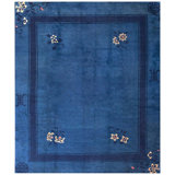 1910s Blue Open Field Shou Symbol Antique Chinese Peking Rug Handknotted Wool Carpet 8'0" x 9'8" Area Rug