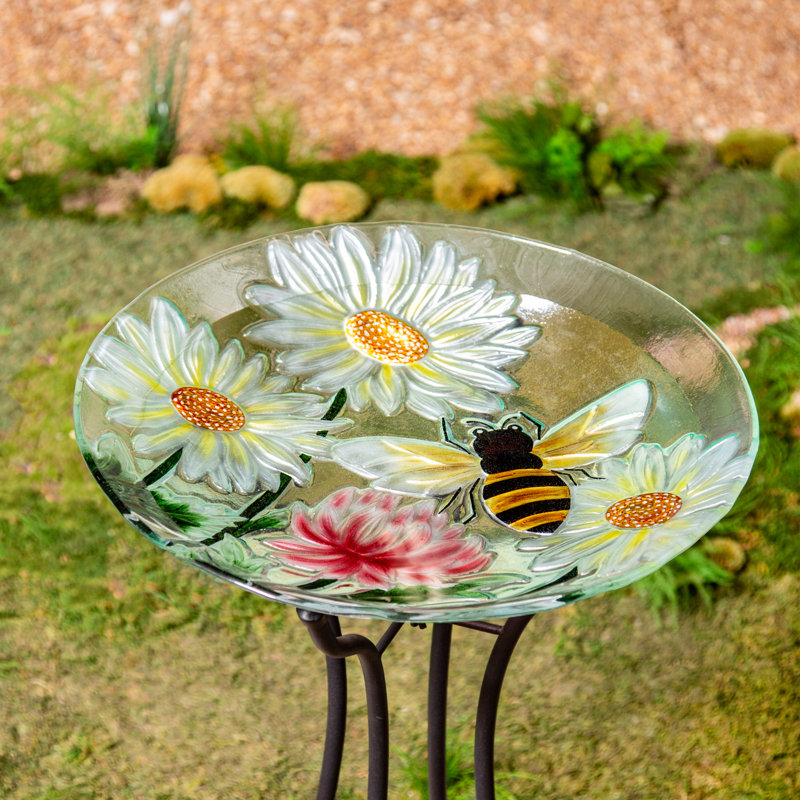 Bain d'oiseaux en verre peint à la main Daises & Bees, 18 po