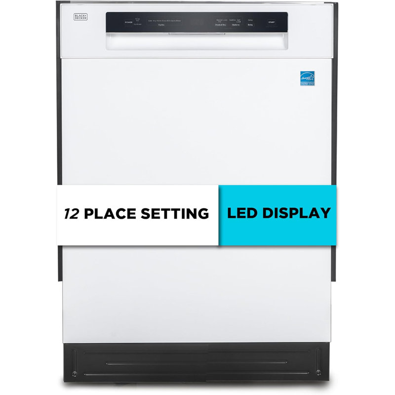 BLACK+DECKER 24" Built-In Dishwasher, 12-Place Setting Capacity with Stainless Steel Tub, Dish Washer with 5 Wash Programs and Smart Wash Cycle, ENERGY STAR Certified, BDW100MW, White