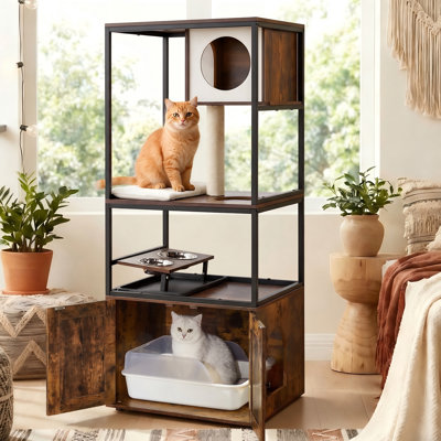Kimmel 58" Cat Condo with Litter Box Enclosure and Elevated Bowls