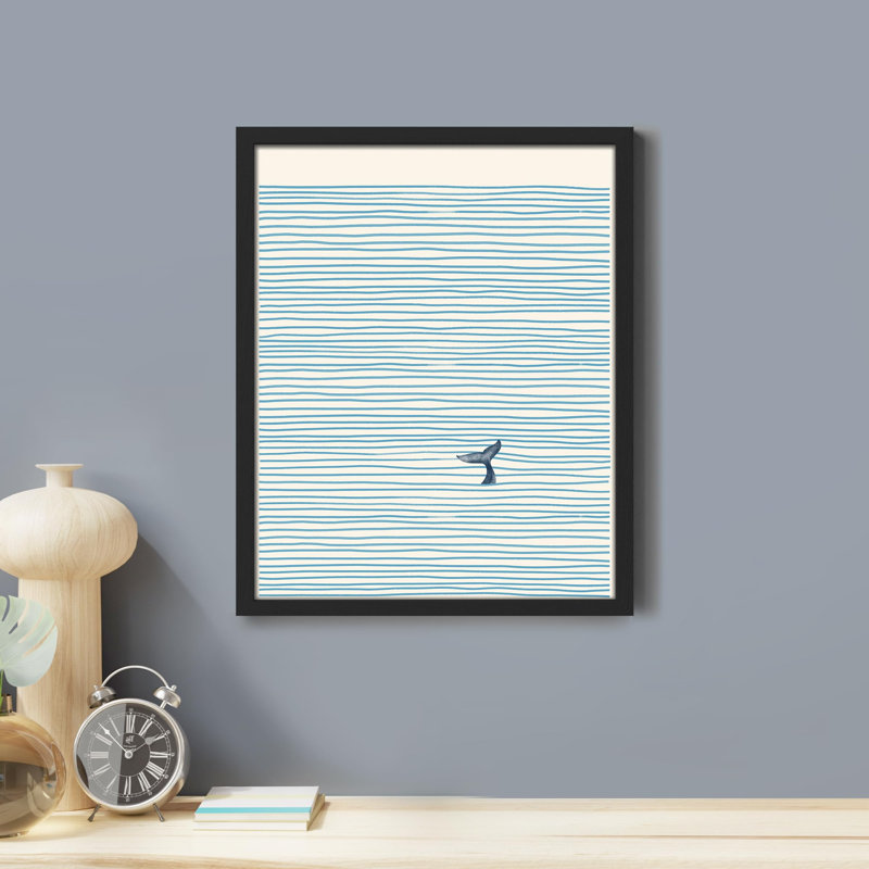«Baleine solitaire, queue nautique rayée» sur papier, Noir, H 14 po x l 11 po
