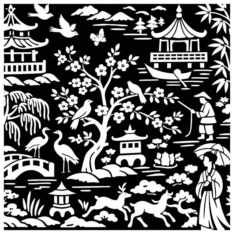 Rideaux de fenêtre Asian Scenic Landscape, 50" x 92" - 1 Panel, Sheer