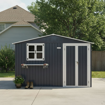 Remise de rangement extérieure en métal 10 x 8 pi avec fenêtre et support à fleurs, remise à outils à portes doubles verrouillables, remise de jardin imperméable et imperméable pour patio