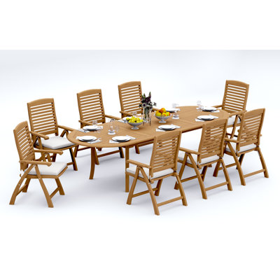Ensemble de salle à manger 8 pièces 9 pièces en bois de teck de qualité A: table ovale à double extension de 118 po et 8 chaises à accoudoirs inclinables et pliables Ashley # 11AS2608