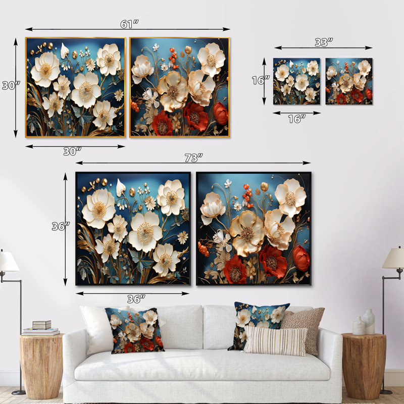 Souvenirs de coquelicots Souvenirs de fleurs - Ensemble de 2 collages floraux carrés, Cadre flottant noir, H 36 po x l 73 po
