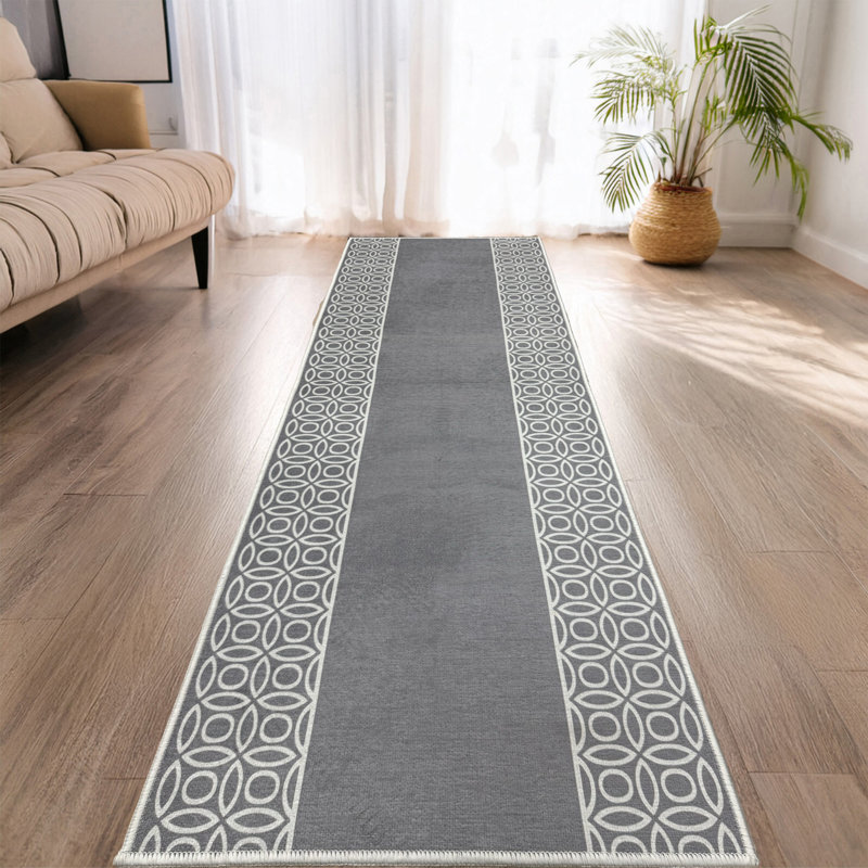 Custom Size Slip Resistant Chain Bordered Gray Low Pile Runner Rugs by Feet, Runner 2'2" x 9'