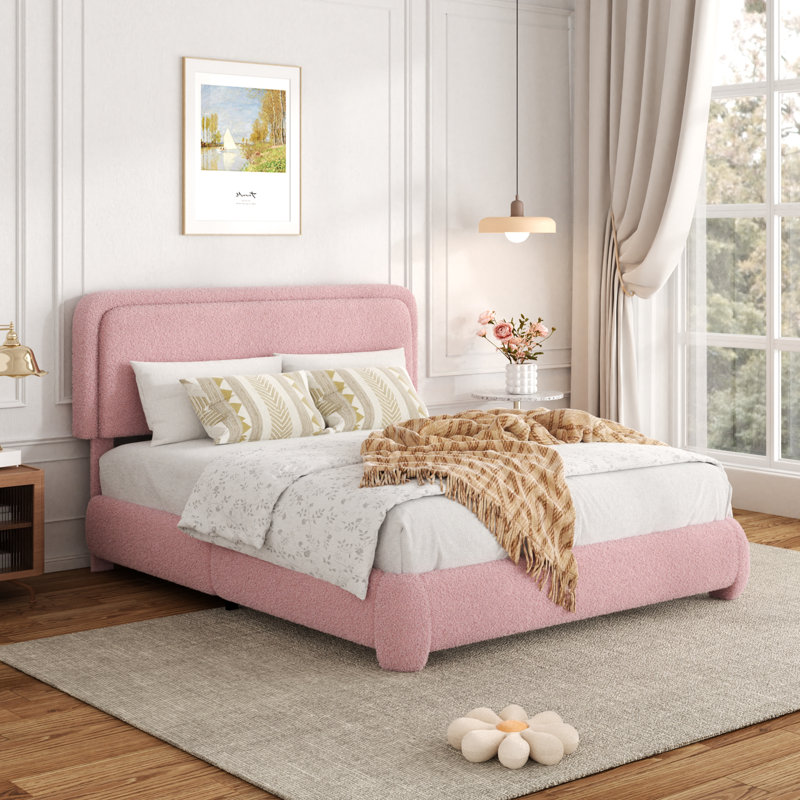 Haden Lambswool Boucle Upholstered Platform Bed Frame with Headboard, Full, Pink