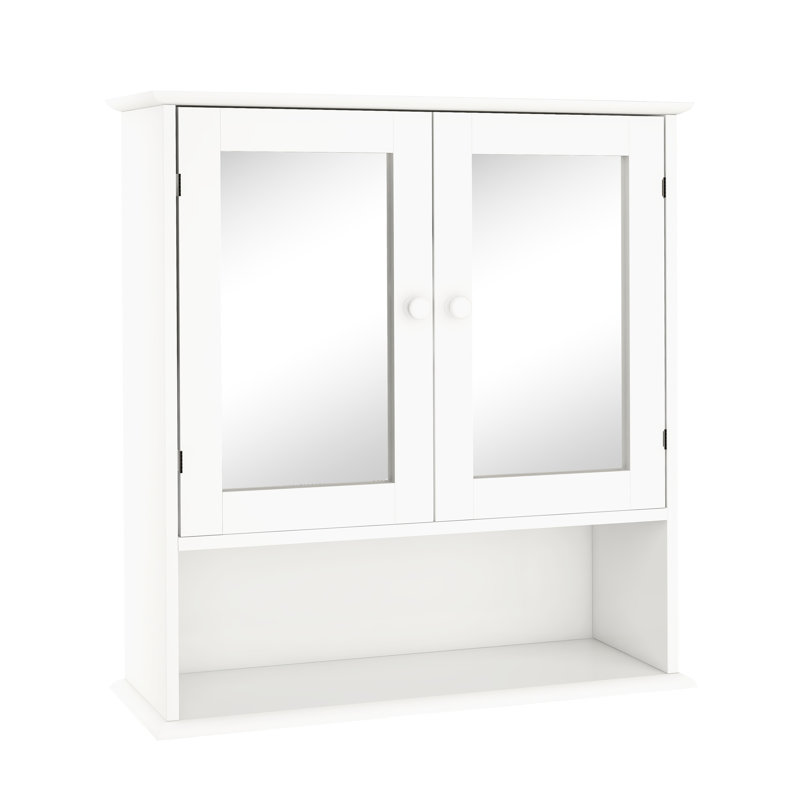 Armoire de salle de bain avec portes à double miroir et tablettes - Options de tablettes réglables peintes en blanc et peu encombrantes à assembler