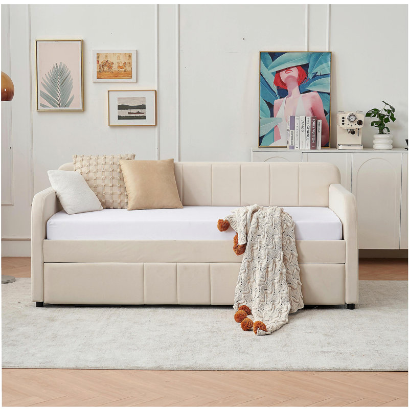 Structure de lit de jour simple rembourré avec lit gigogne, canapé-lit simple pour chambre à coucher, soutien, lattes de bois, beige