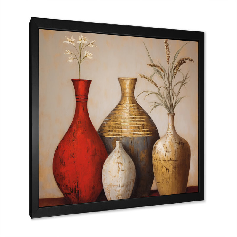 Cottage Vases rouges fleurs de blé séché I - art mural Boho Pottery pour le salon, Cadre simple noir
