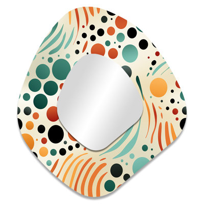 Multicolor Mid Century Pattern On Beige - Midcentury Unique Shape Decorative Mirror, Modern Freeform Wall Mirror, Printed Metal Art