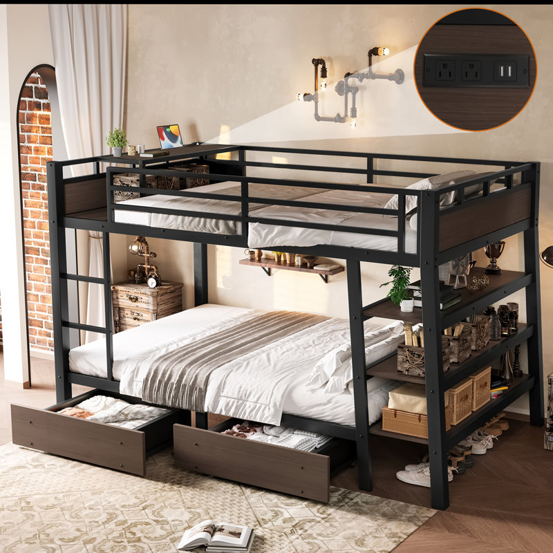 Full Size Metal Bunk Bed with Storage Shelves, Drawers, Guardrails & Built-In USB Charging Ports, Black, Full Over Full
