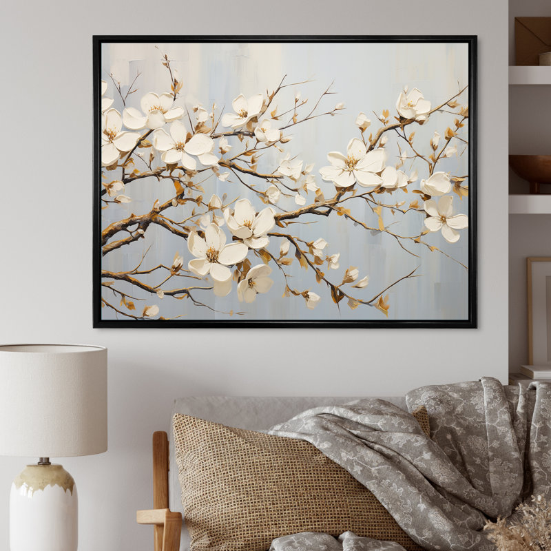 «White Dogwood Blossom Escape I» sur toile, Cadre flottant noir, H 30 po x l 40 po x P 1,5 po