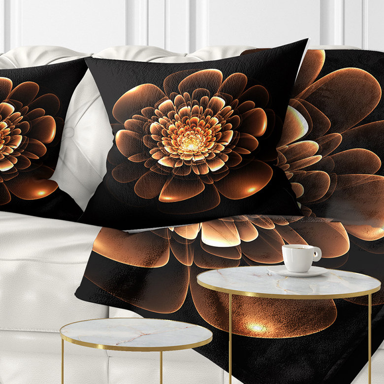 Coussin à imprimé floral scintillant brun et jaune fractal, 18 po x 18 po, Coussin décoratif