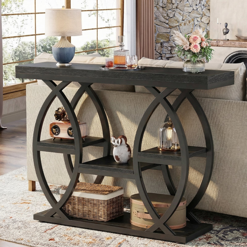 Shirlene 39.4" W 4-Tier Console Table, Black, Black