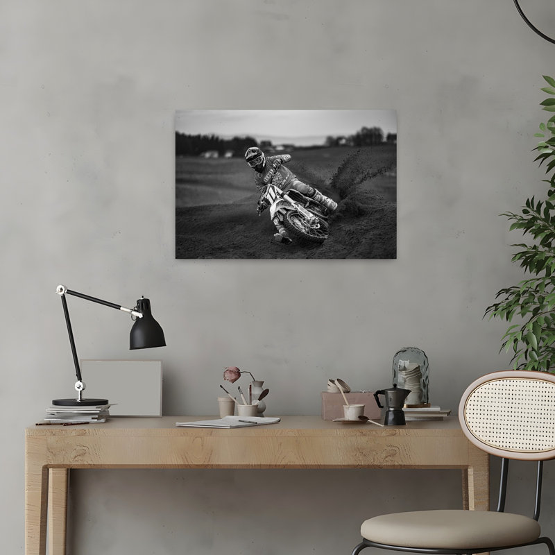 Motocross en virage, architecture contemporaine, impression d'art mural, H 16 po x l 24 po