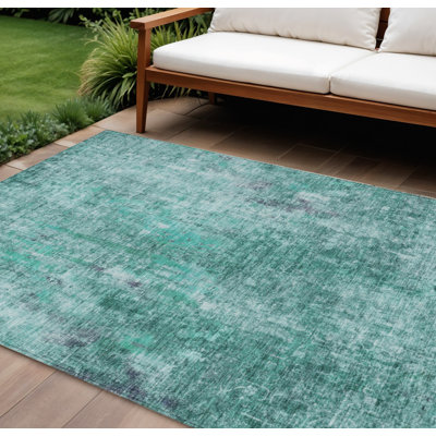 Tapis extérieur lavable abstrait bleu, vert et gris 9 pi x 12 pi