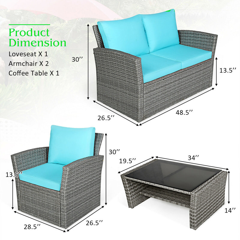 Bonita 4 - Person Patio Conversation Set with Cushions, Turquoise