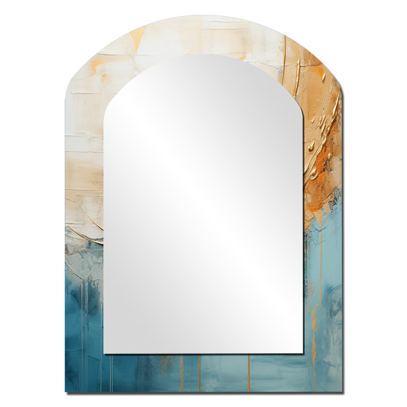 Gold And Blue Paint Fusion I - Abstract Painting Arch Large Mirror, Modern Asymmetrical Unique Wall Mirror Decor, Printed Metal Art