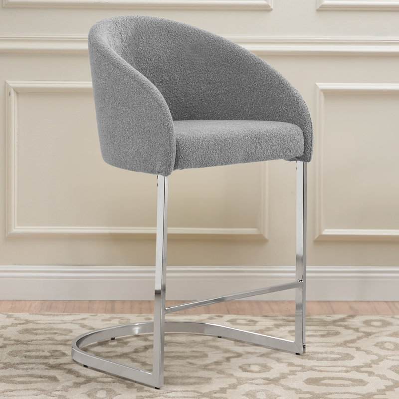 Gray Boucle Upholstered Counter Stools with Chrome Frame, Set of 4
