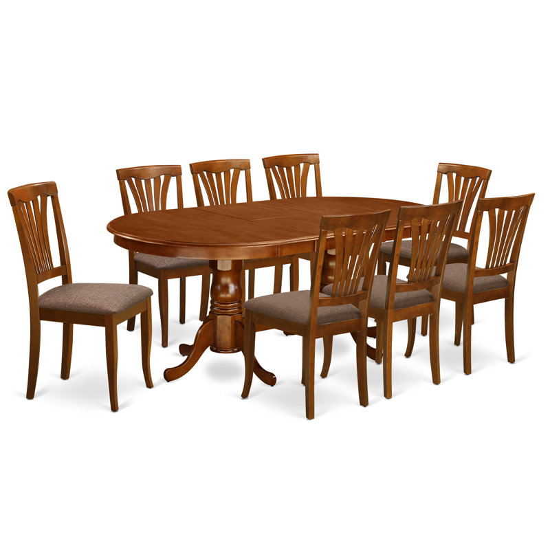 9 Piece Dining Table Set Includes an Oval Dining Room Table with Butterfly Leaf and 8 Linen Fabric Chairs, Saddle Brown