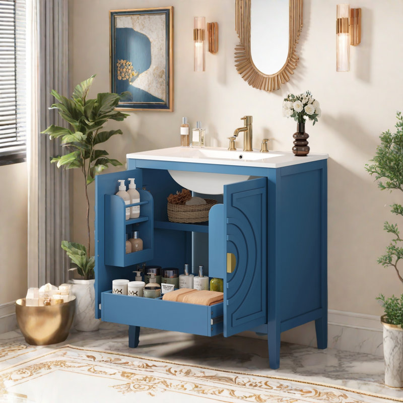 Armoire de rangement pour salle de bain 30 po avec 2 grandes portes à fermeture douce avec organisateur, 1 tiroir dissimulé et tablette réglable, meuble-lavabo avec lavabo