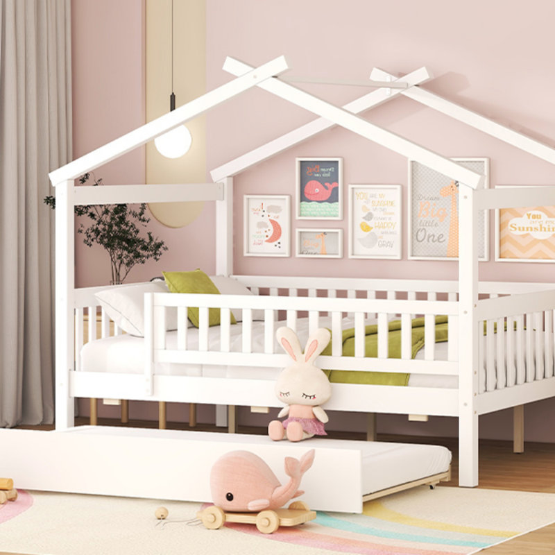 Zhayne Wooden House Bed with Trundle, Full, White