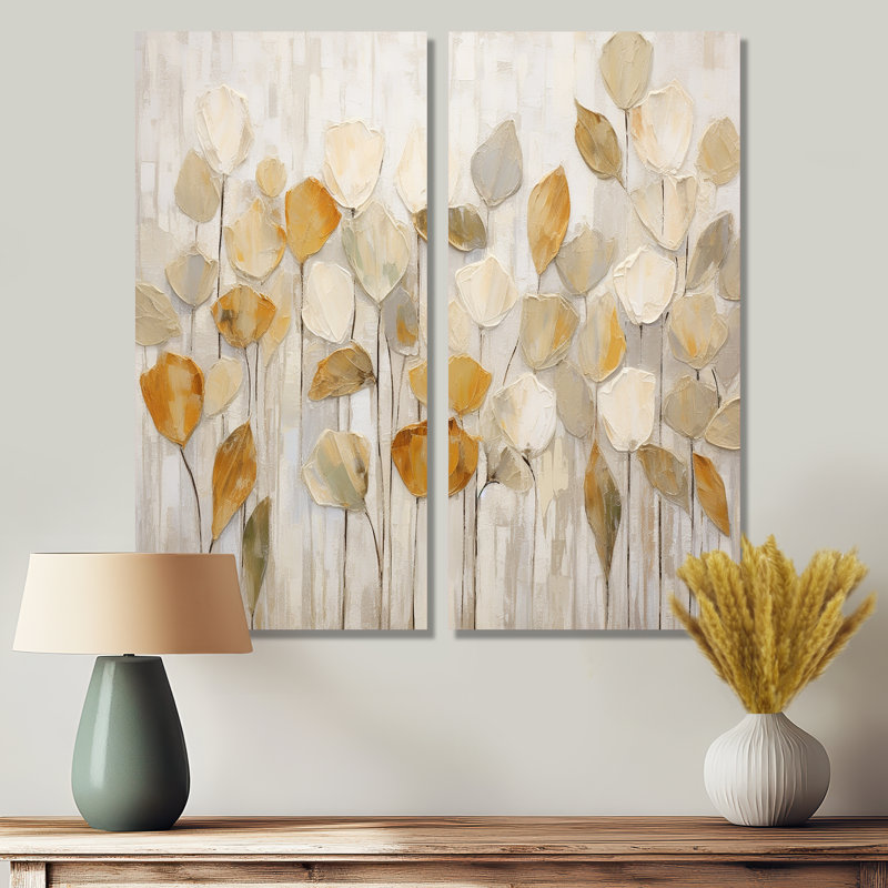 «Beige Botanical Impressions II», art mural abstrait botanique 2 pièces, H 32 po x l 32 po, Toile tendue, Does Not Apply