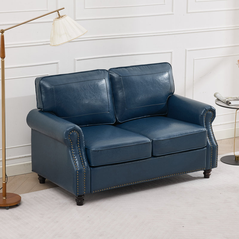 59" Upholstered Loveseat Faux Leather Sofa, Blue