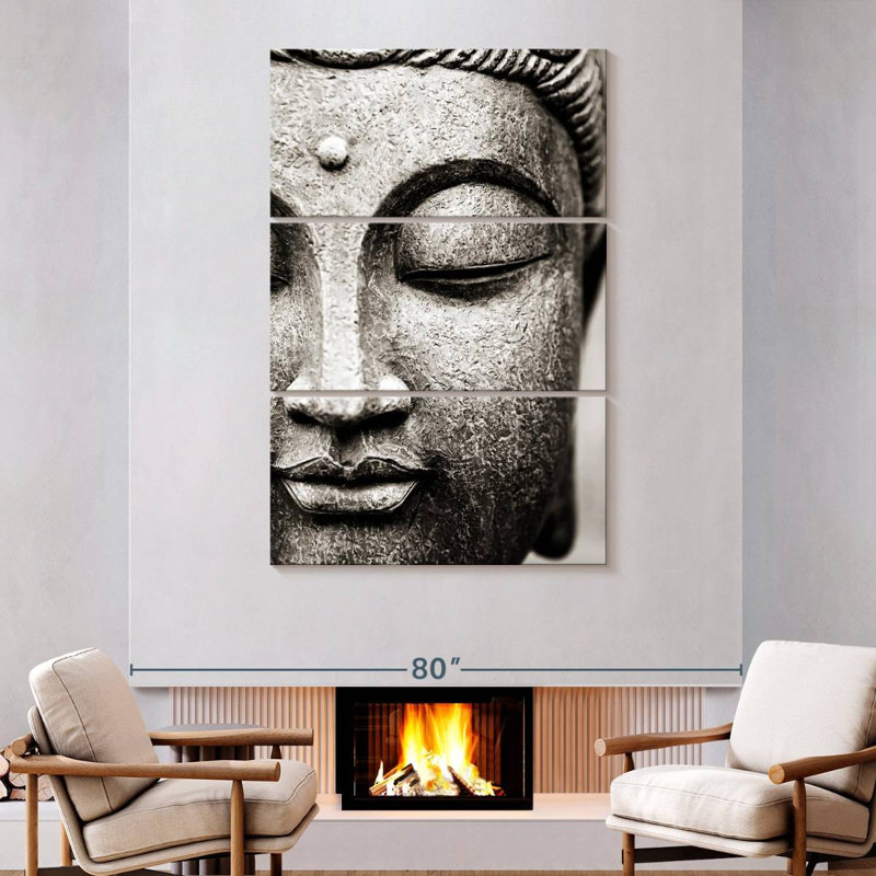 Image de bouddha méditant - 3 pièces sur toile tendue, H 74 po x l 48 po x P 1,25 po