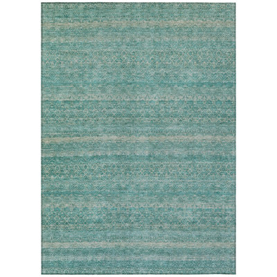 Machine Washable Indoor/Outdoor Xhevrie Teal Rug