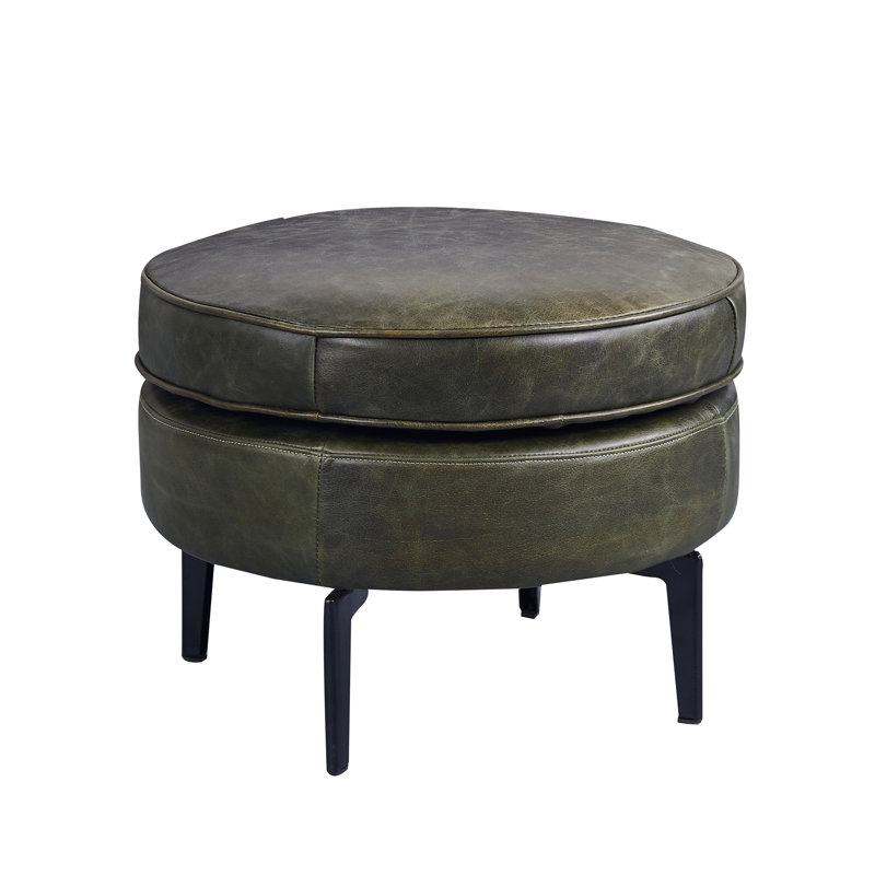 21.5'' Jackson Top-Grain Round Leather Ottoman, Olive Green
