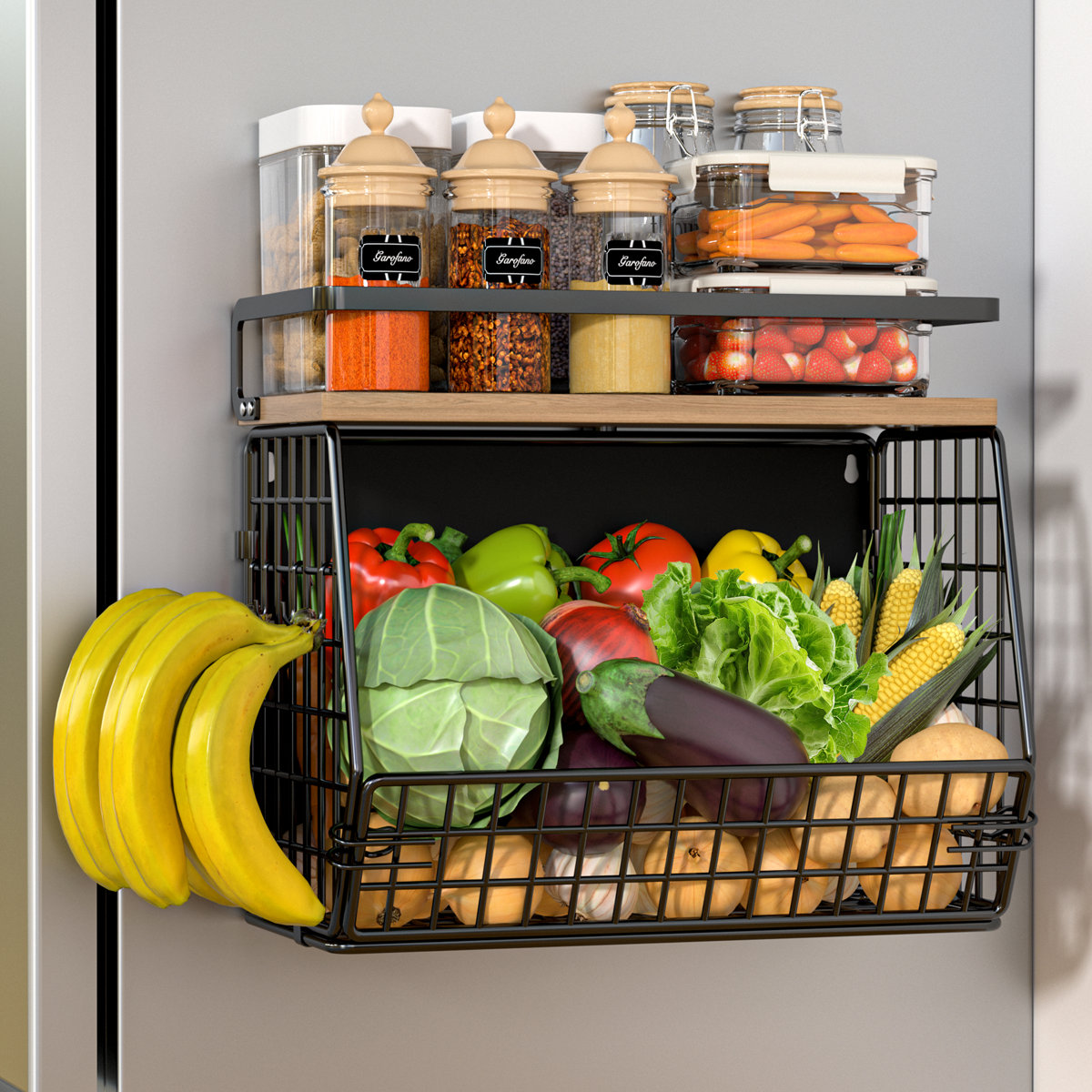 Black Magnetic Shelf for Fridge,Hanging Vegetable and Fruit Storage Bins ,Large Product Container Spice Rack for Refrigerator Kitchen Counter Pantry Single
