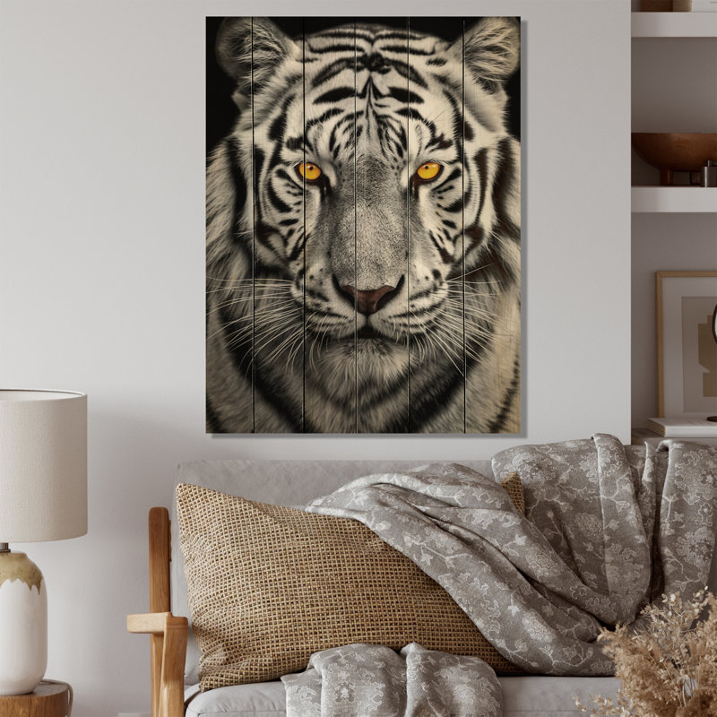 Tigre blanc féroce I sur bois, H 20 po x l 10 po x P 0,78 po
