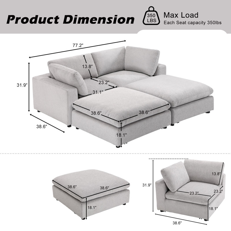 Canapé-lit modulaire en chenille l 77,2 po Odai avec repose-pieds