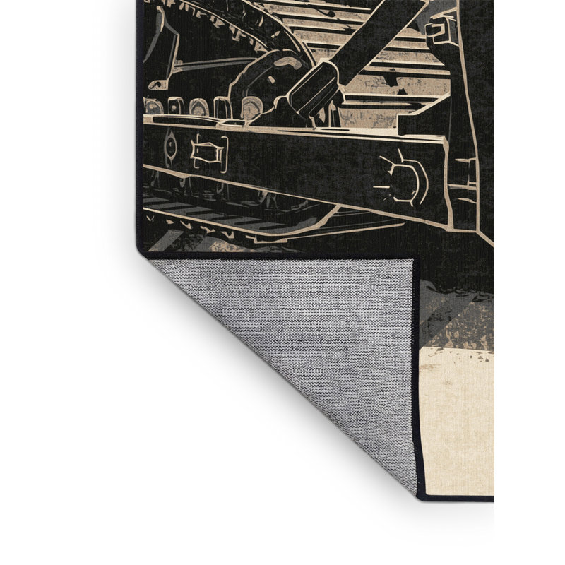 Machine Washable Vehicles And Transportation Bulldozer Construction Vehicle Industrial Block Print Rug in Brown – Black Binding