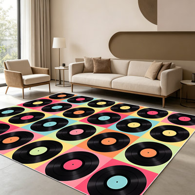 1PC Retro Colorful Vinyl Record Geometric Grid Pattern area rugs for Living Room, Soft and Comfortable, Suitable for all seasons, easy-to-maintain, machine washable Indoor floor mat, Under Table Farmhouse suitable for entryway, bedroom, dining room,
