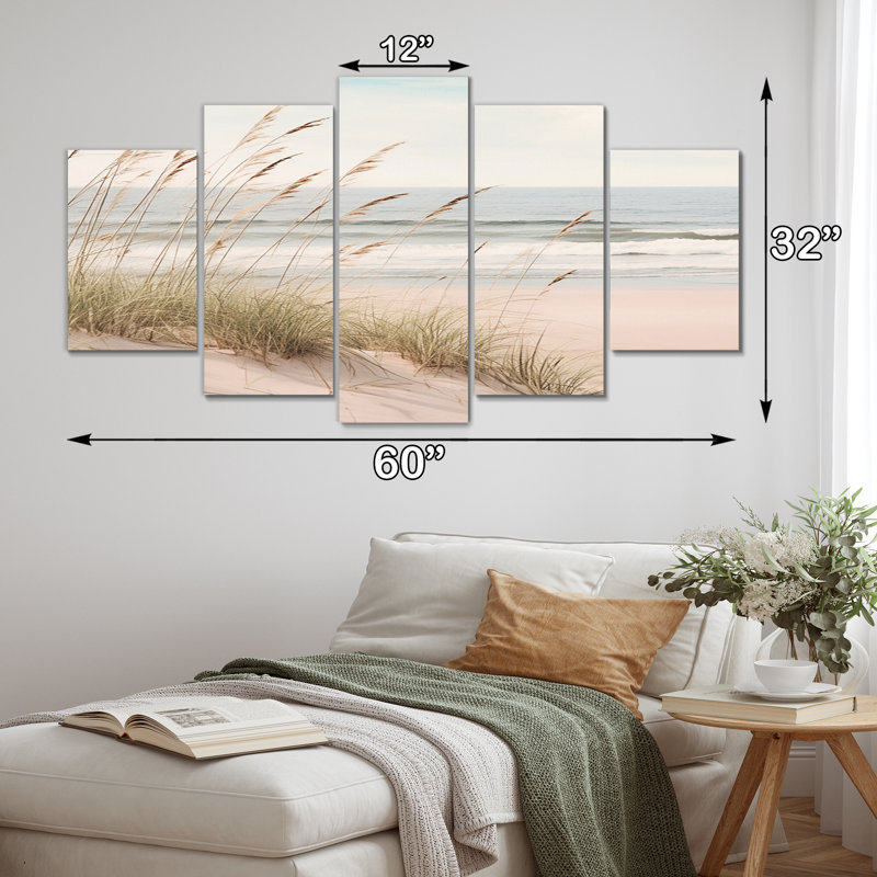 «Ocean Spring Bliss Tender Pastel Beach Grass II», reproduction sur toile de plage - 5 panneaux