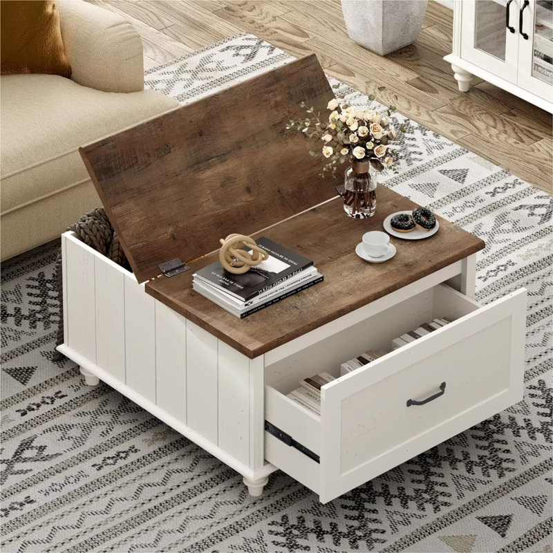 Table basse à plateau relevable avec armoire de rangement Farmhouse
