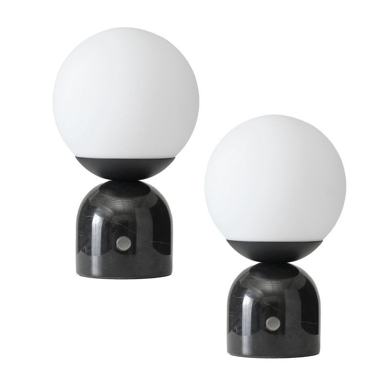 Mila 9.85 in. Mid-Century Modern LED Bedside Table Lamp with Black Marble and Frosted Globe Shade - Bundle Set of 2, Black