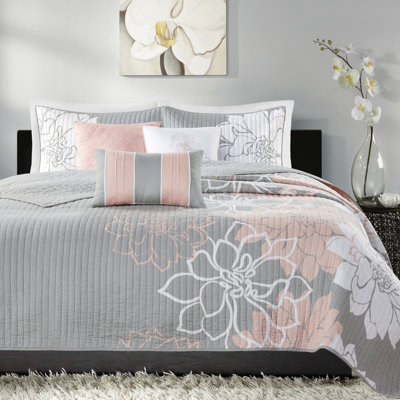 Courtepointe 6 pièces, gris / pêche, double / grand, coton imprimé, chaleur réversible, 3 coussins élégants, coussin décoratif pour la literie