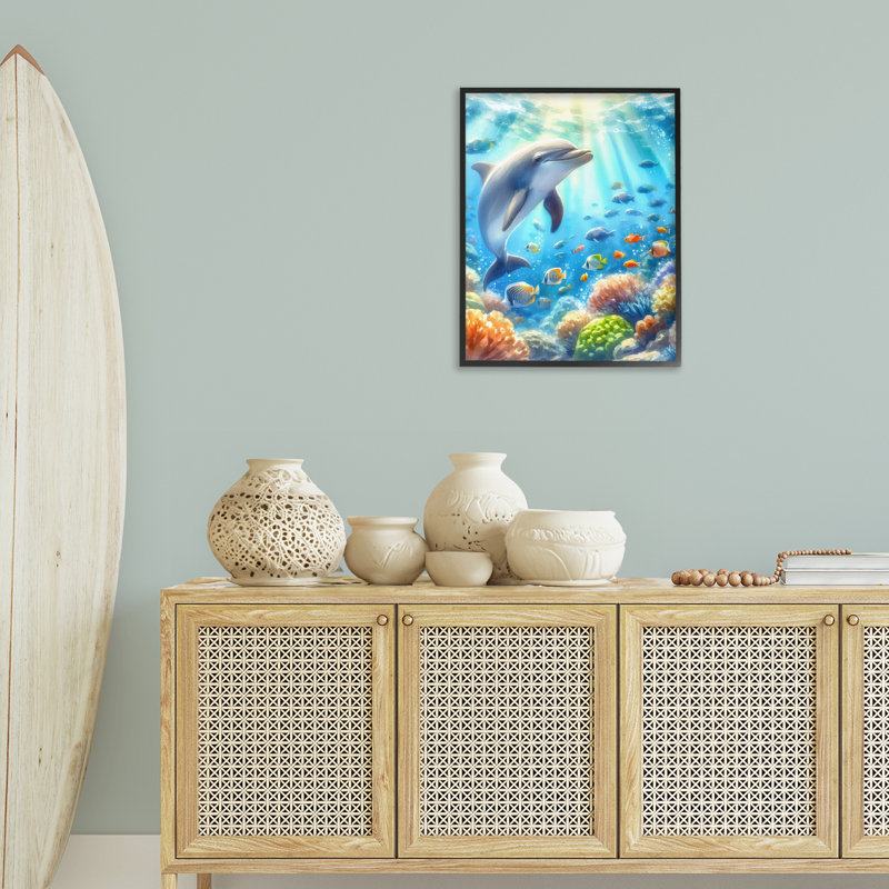  Smiling Dolphin Under Sea Giclee Art by LSR Design Studio, H 30 po x l 24 po, Giclée encadrée noir minuit