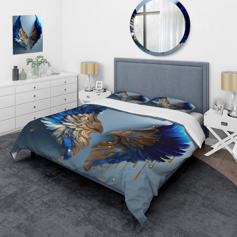 Ensemble de housse de couette en microfibre / polyester Blue Wings, Housse de couette pour grand lit et 2 taies décor