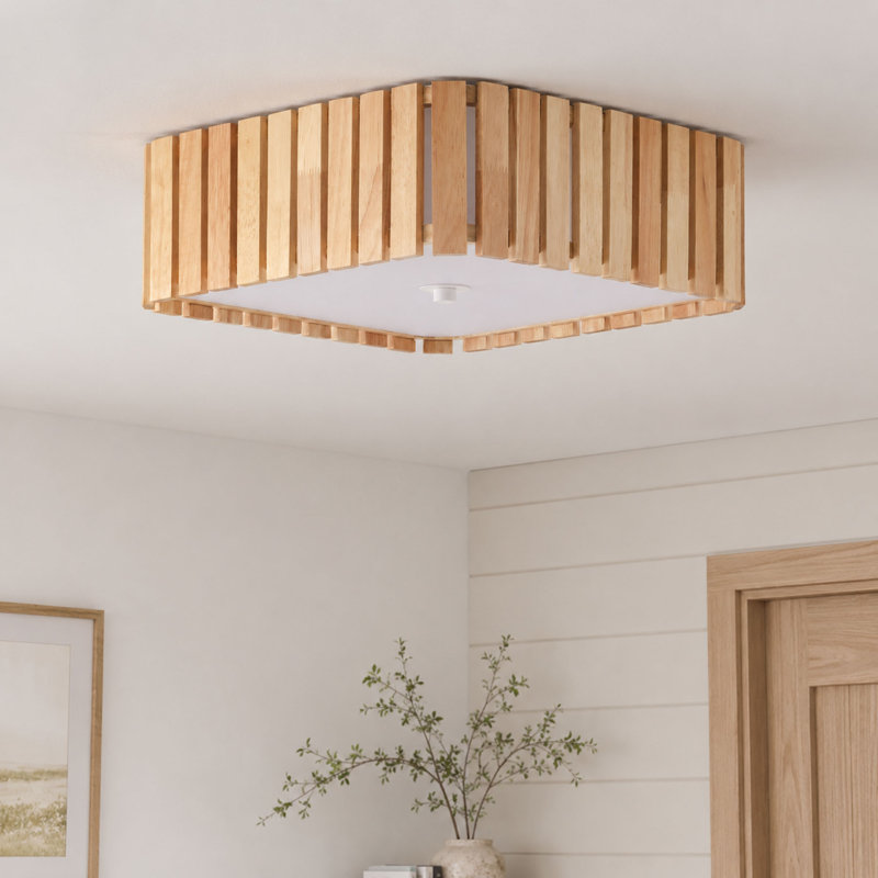 3-Light Wood Square Flush Mount Ceiling Light with PS Diffuser