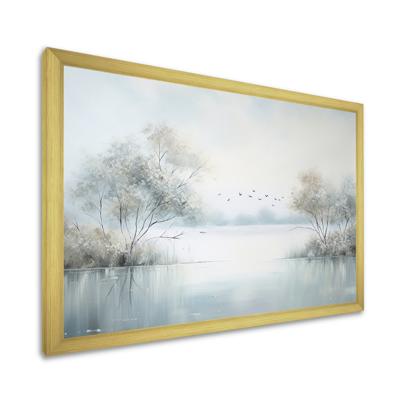 «Lakeside Winter Serenity - Lakes & Rivers», art mural sur toile, Cadre doré simple, H 16 po x l 32 po x P 1 po