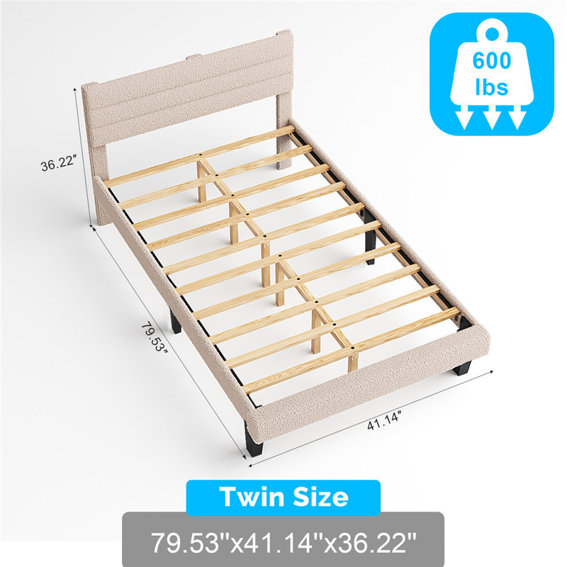 Bed Frame With Boucle Upholstered Headboard, Platform Bed, Twin