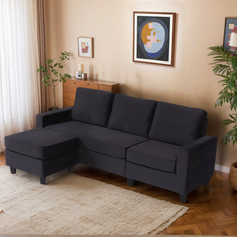 Canapé modulaire rembourré 3 pièces en L avec repose-pieds, Velours noir