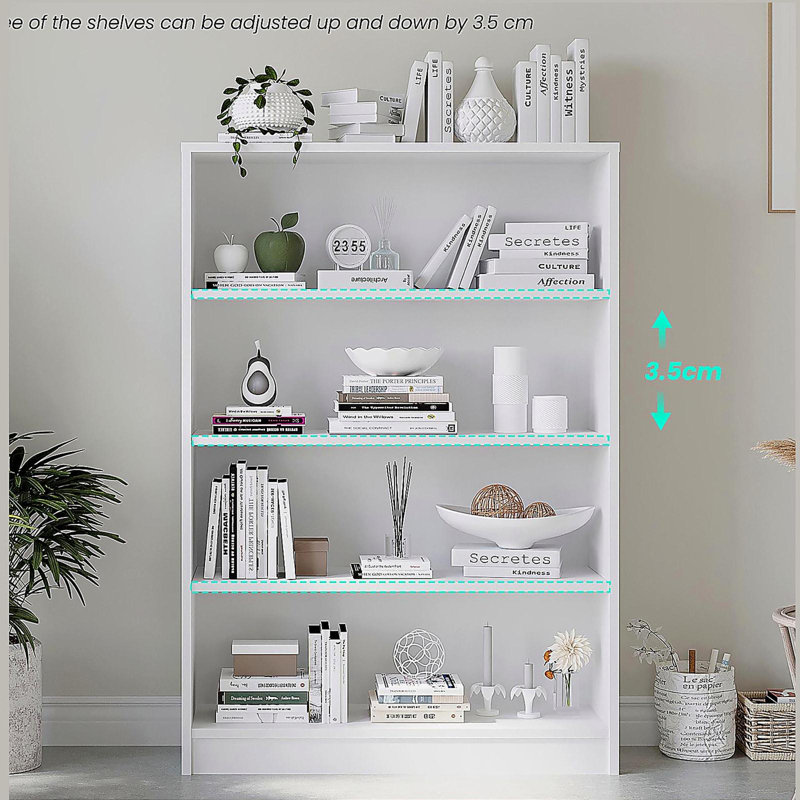 4 Shelf Bookcase 48 Inches Tall Modern Wood Bookshelf, 4 Tier Wide Manga Bookshelves Library Bookcase, White