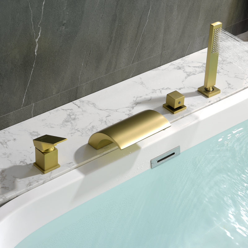 Brushed Gold Single Handle Waterfall Tub Faucet with Hand Shower